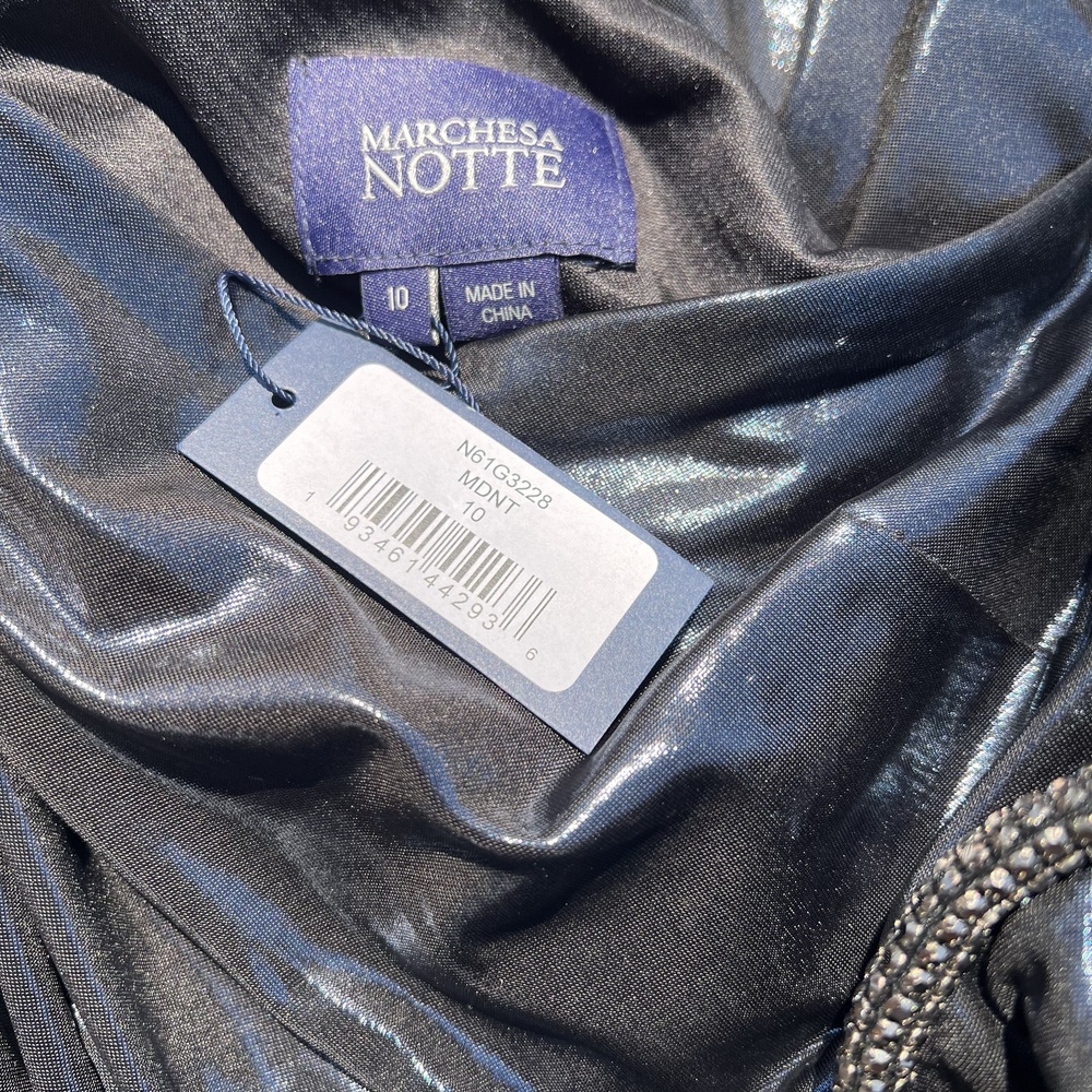 Marchesa Notte One Shoulder Maxi Dress Blue Metallic Gown Crystals Size 10 M NWT - Picture 3 of 8